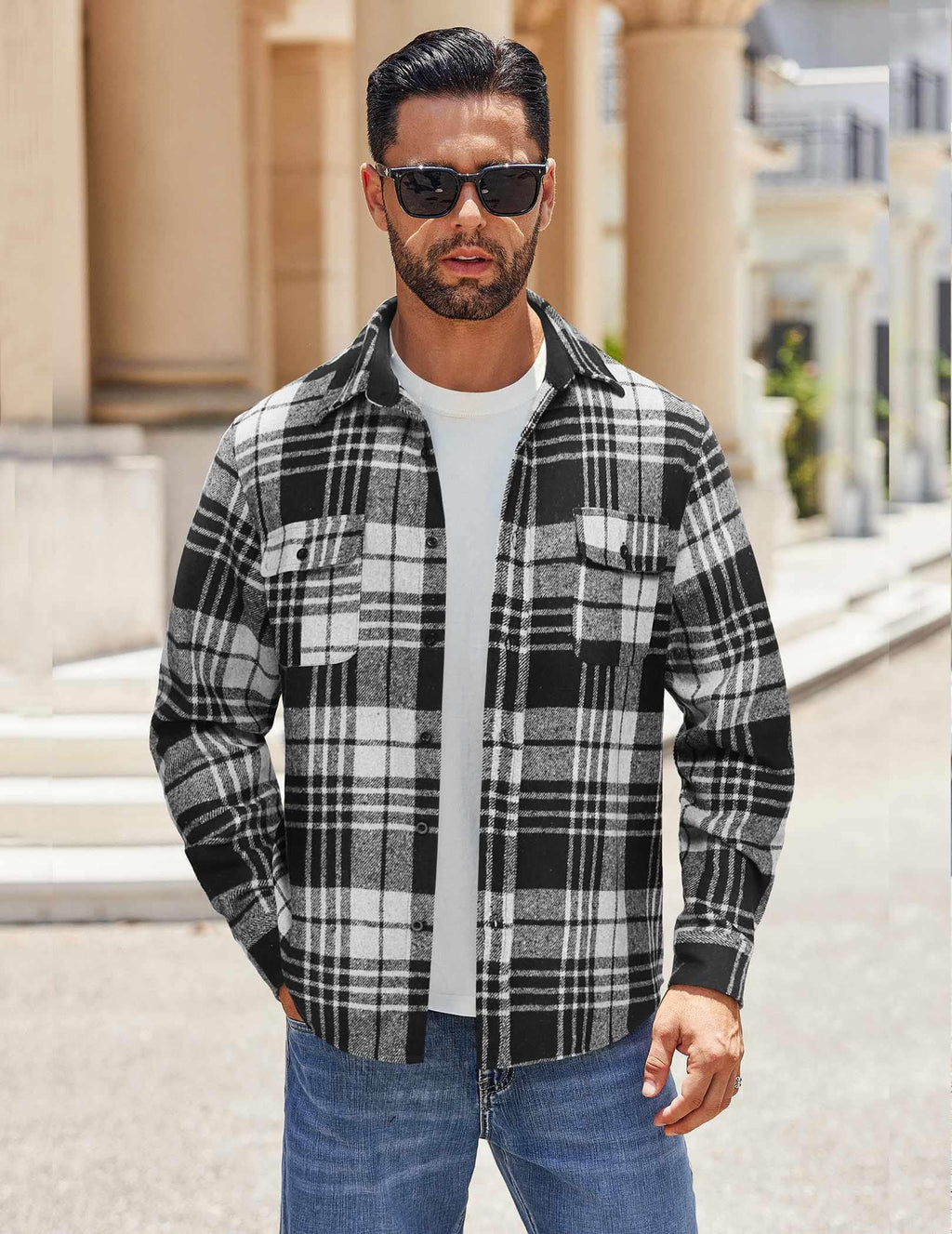 Mens Flannel Plaid Long Sleeve Button Down Shirt Jacket with Pockets