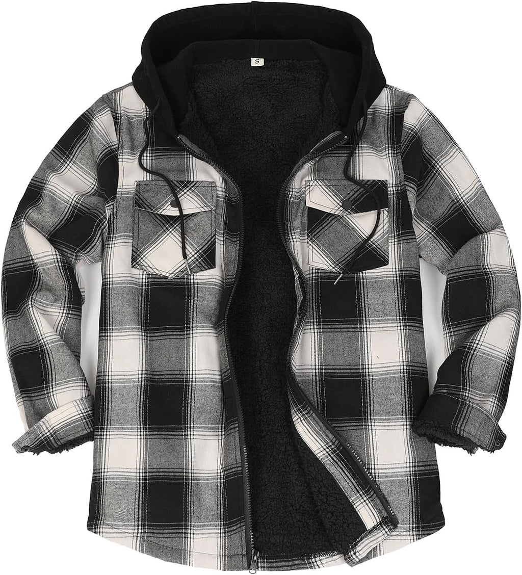 Mens Plaid Sherpa Lined Shirt Jacket Full Zip Hooded Warm Flannel