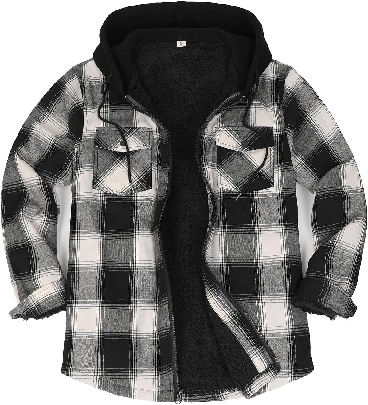 Mens Plaid Sherpa Lined Shirt Jacket Full Zip Hooded Warm Flannel