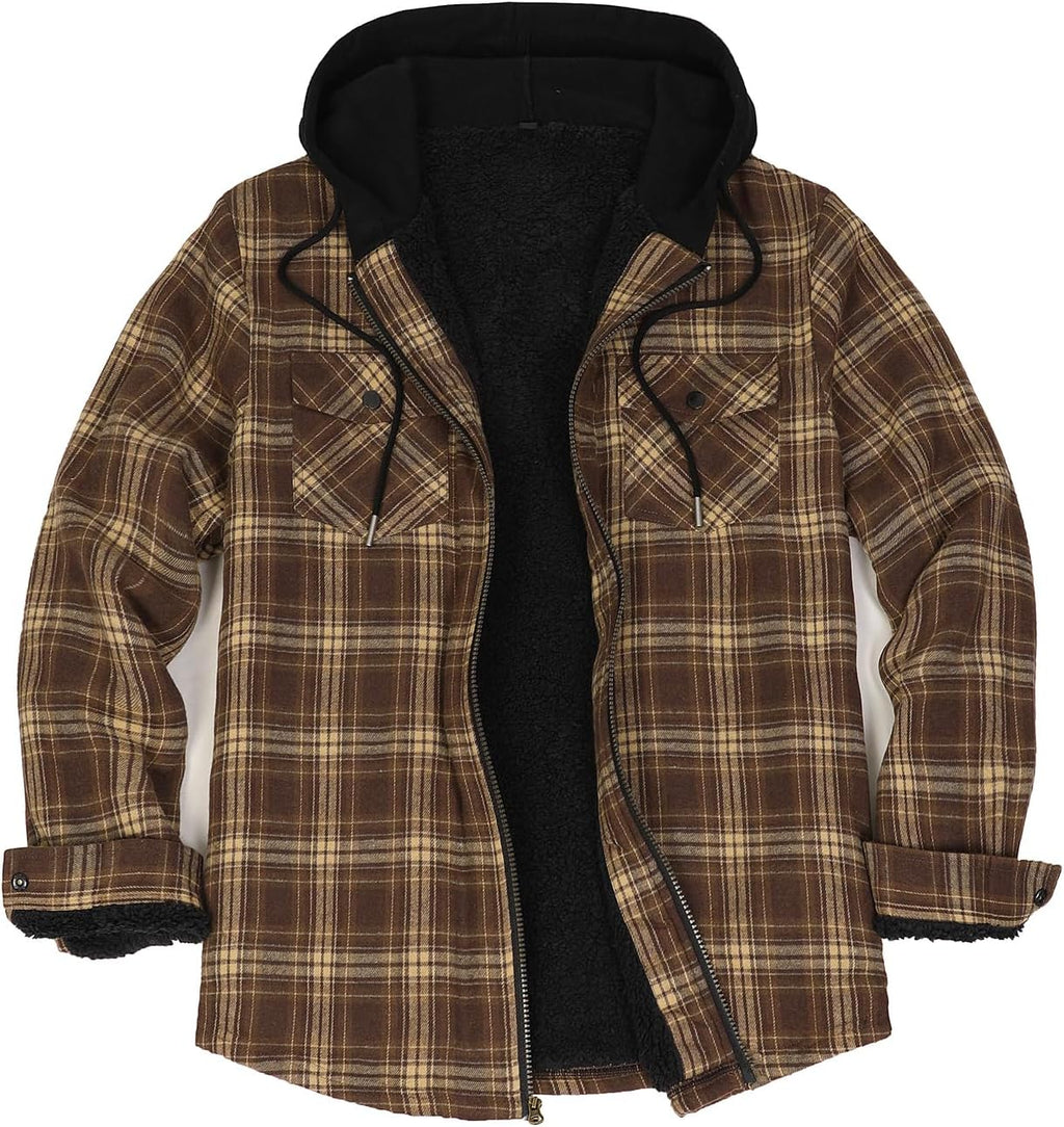Mens Plaid Sherpa Lined Shirt Jacket Full Zip Hooded Warm Flannel