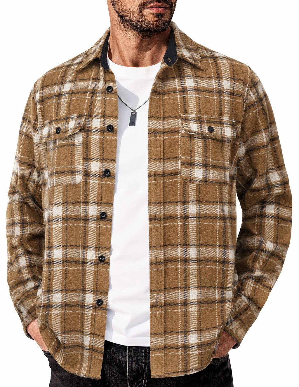 Mens Cotton Plaid Flannel Shirt Long Sleeve Casual Shirt Jacket