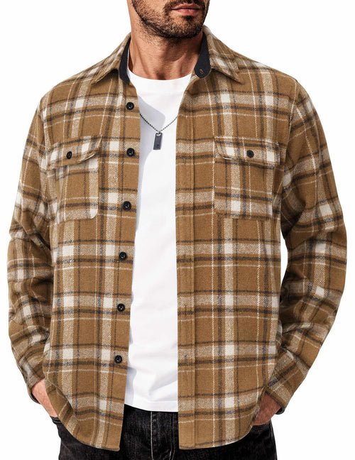 Mens Cotton Plaid Flannel Shirt Long Sleeve Casual Shirt Jacket
