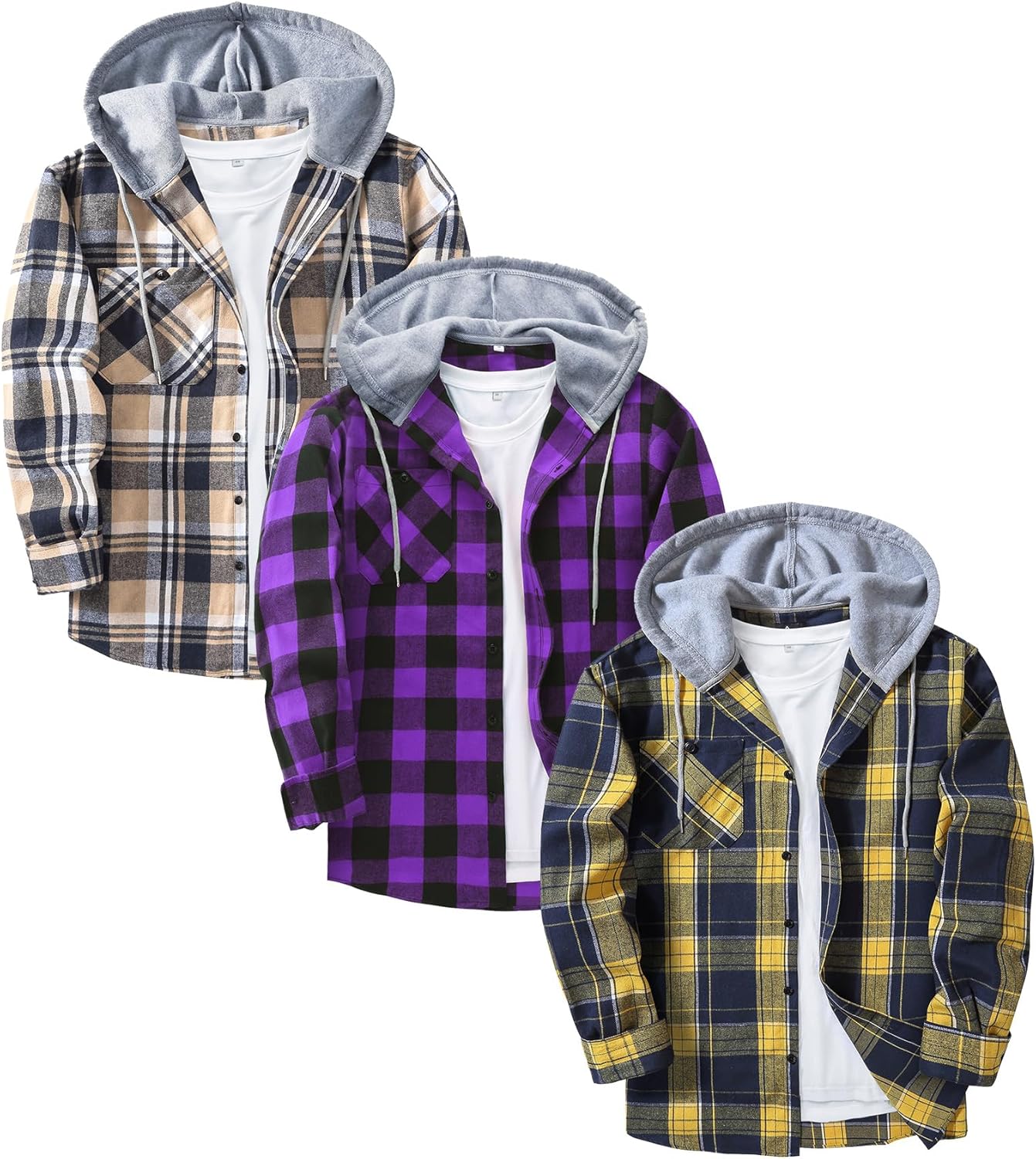 3 Pack Mens Flannel Hoodie Shirts Long Sleeve Plaid Button Down Hooded Shirts Casual Brushed Jacket with Pocket