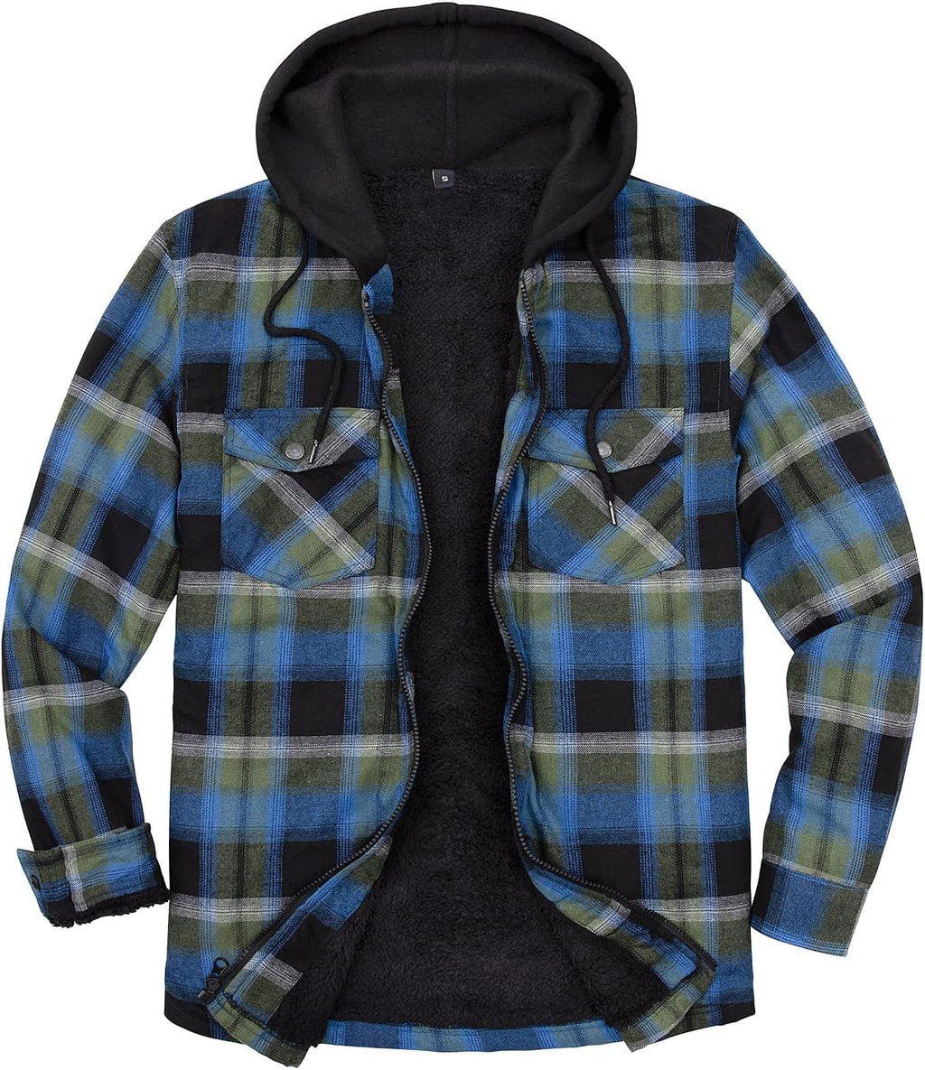 Mens Plaid Sherpa Lined Shirt Jacket Full Zip Hooded Warm Flannel
