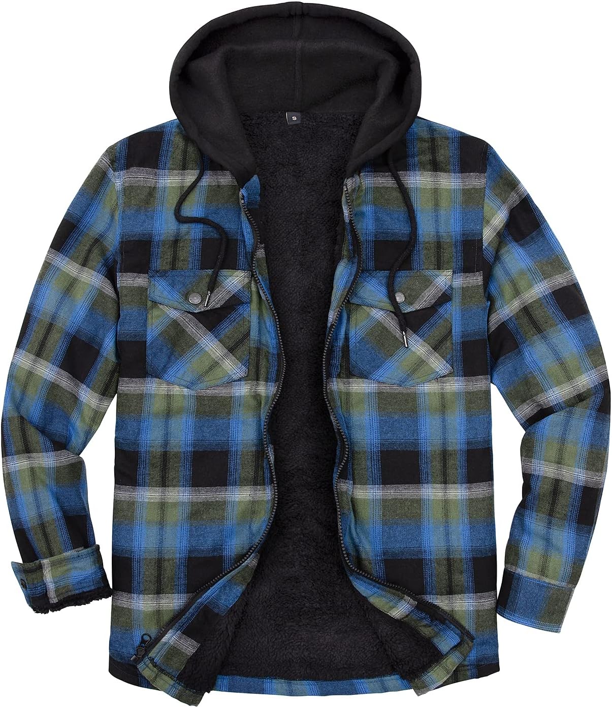 Mens Plaid Sherpa Lined Shirt Jacket Full Zip Hooded Warm Flannel