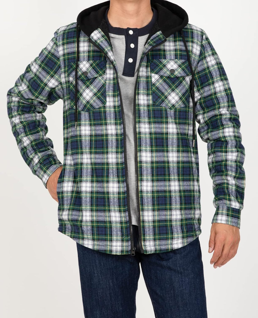 Mens Plaid Sherpa Lined Shirt Jacket Full Zip Hooded Warm Flannel