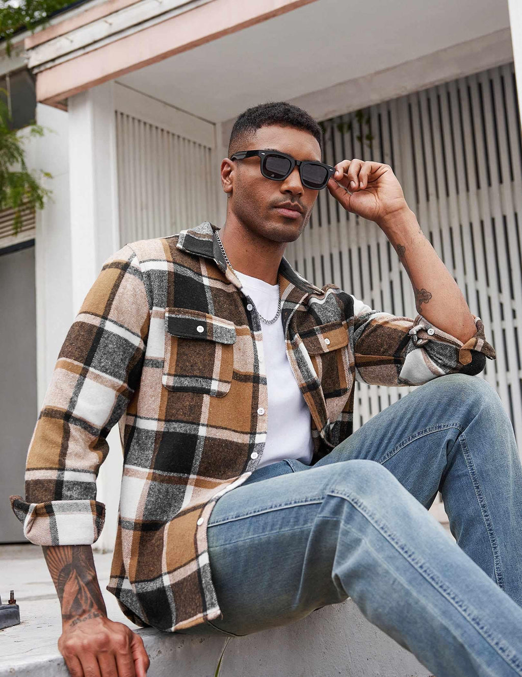 Mens Flannel Plaid Shirt Long Sleeve Button Down Casual Work Shirt Jacket