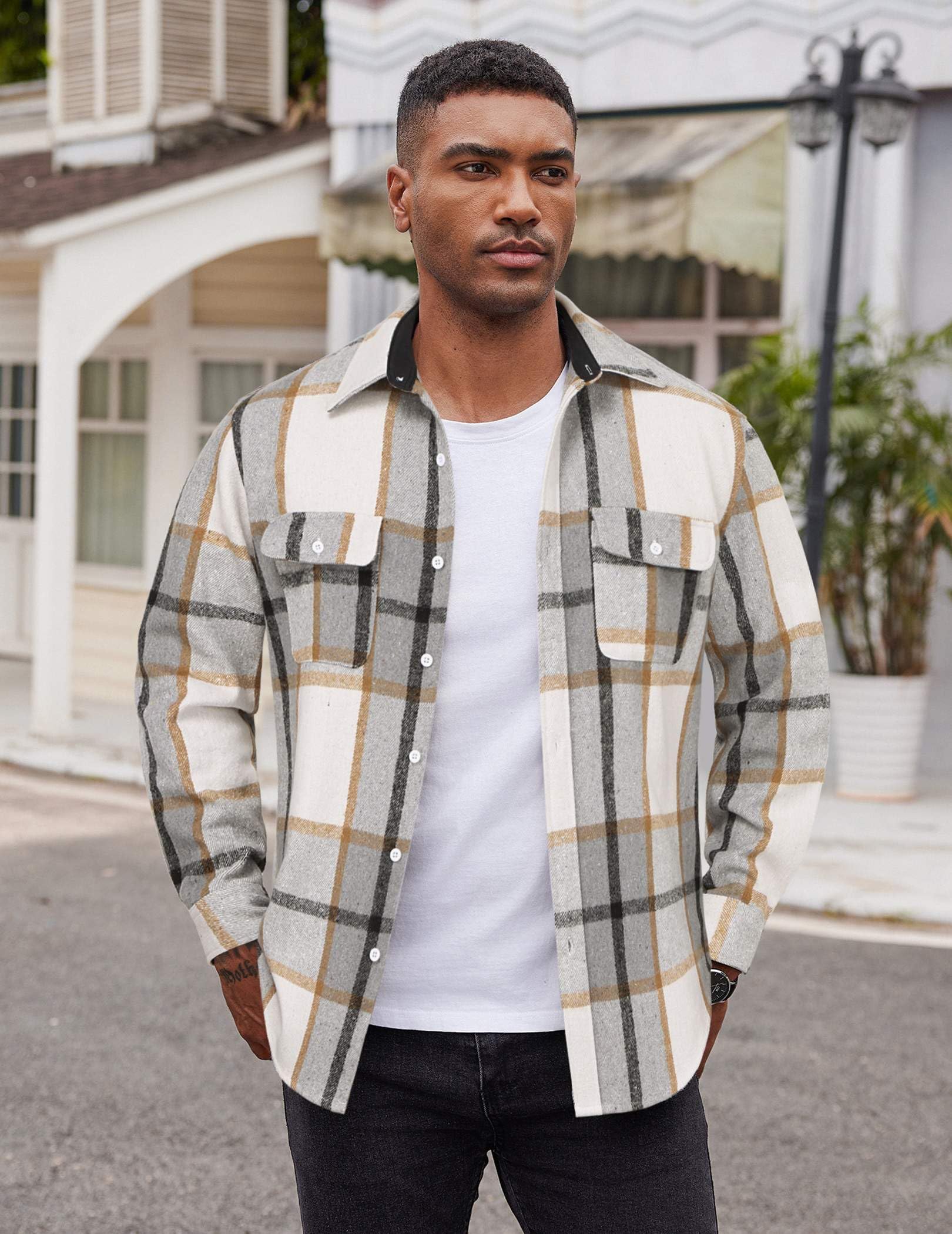 Mens Plaid Cotton Flannel Shirt Long Sleeve Button Down Casual Work Shirt With Pockets