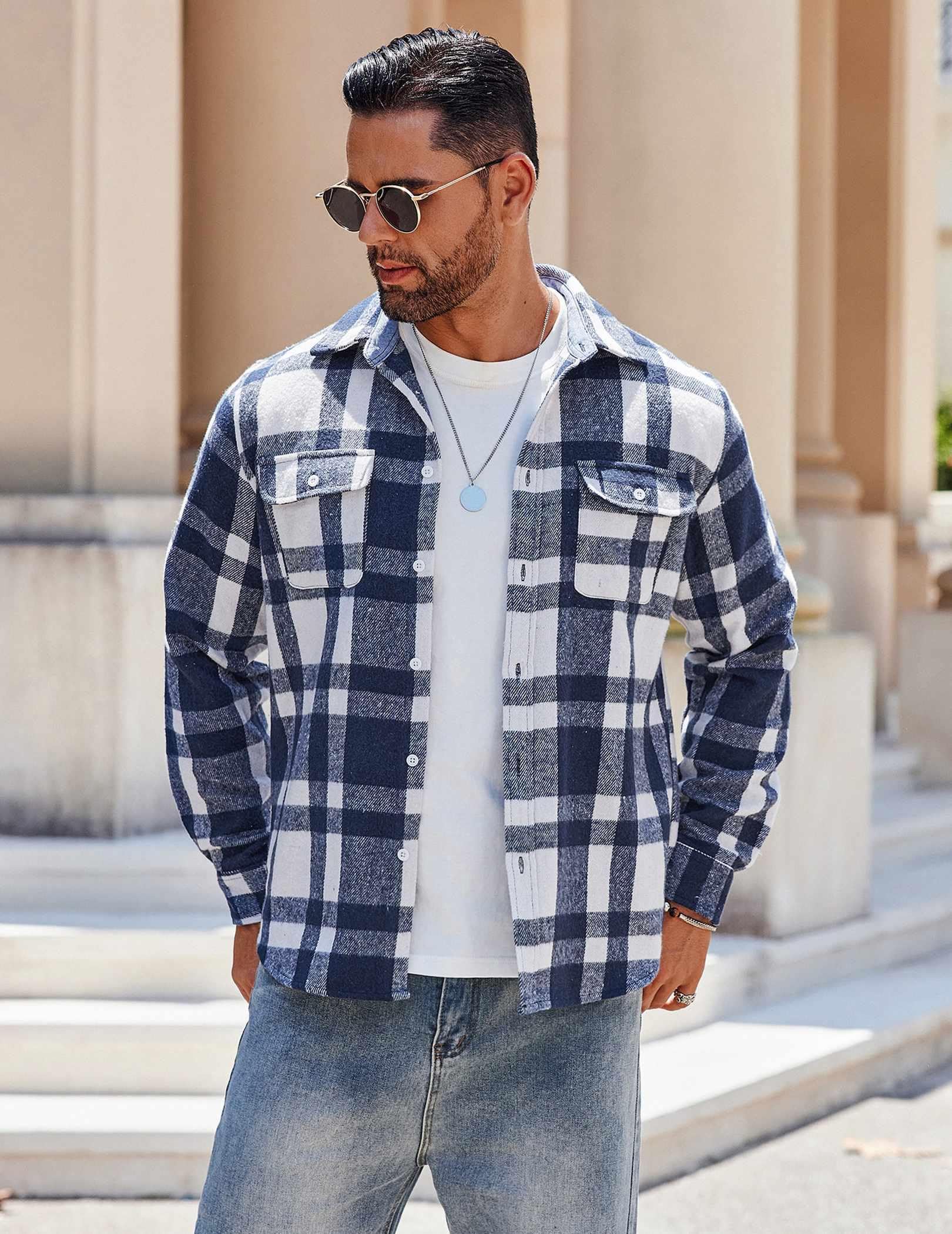 Mens Plaid Flannel Long Sleeve Shirt Jacket Casual Button Down Brushed Fabric Shacket with Pockets