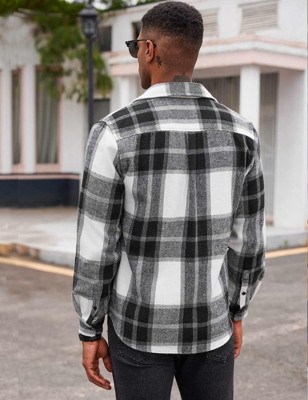 Mens Flannel Plaid Long Sleeve Shirt Casual Button Down Brushed Fabric Shirt Jacket with Pockets
