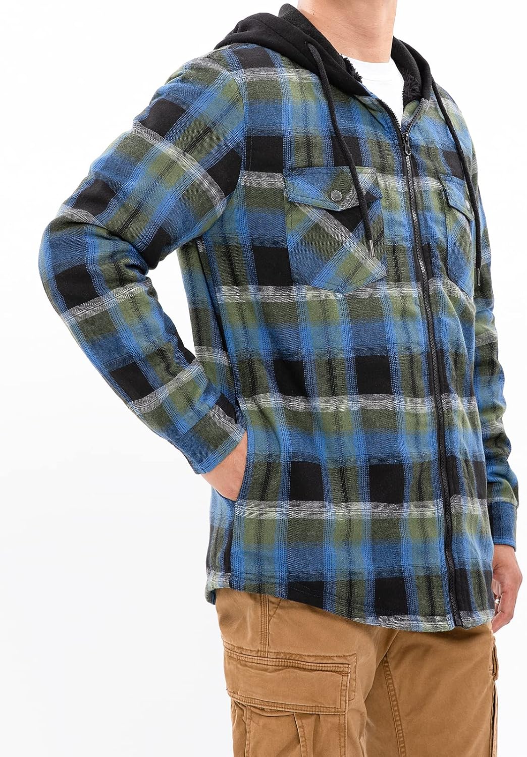 Mens Plaid Sherpa Lined Shirt Jacket Full Zip Hooded Warm Flannel