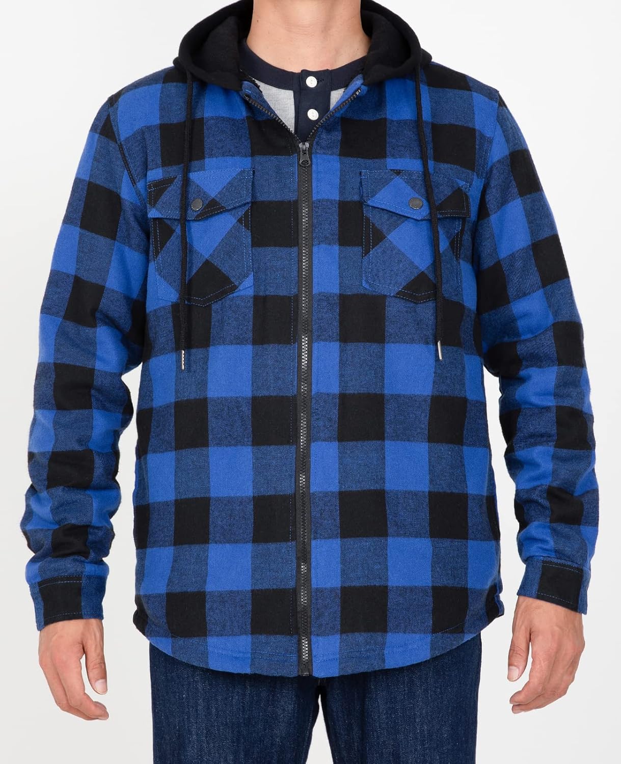 Mens Plaid Sherpa Lined Shirt Jacket Full Zip Hooded Warm Flannel