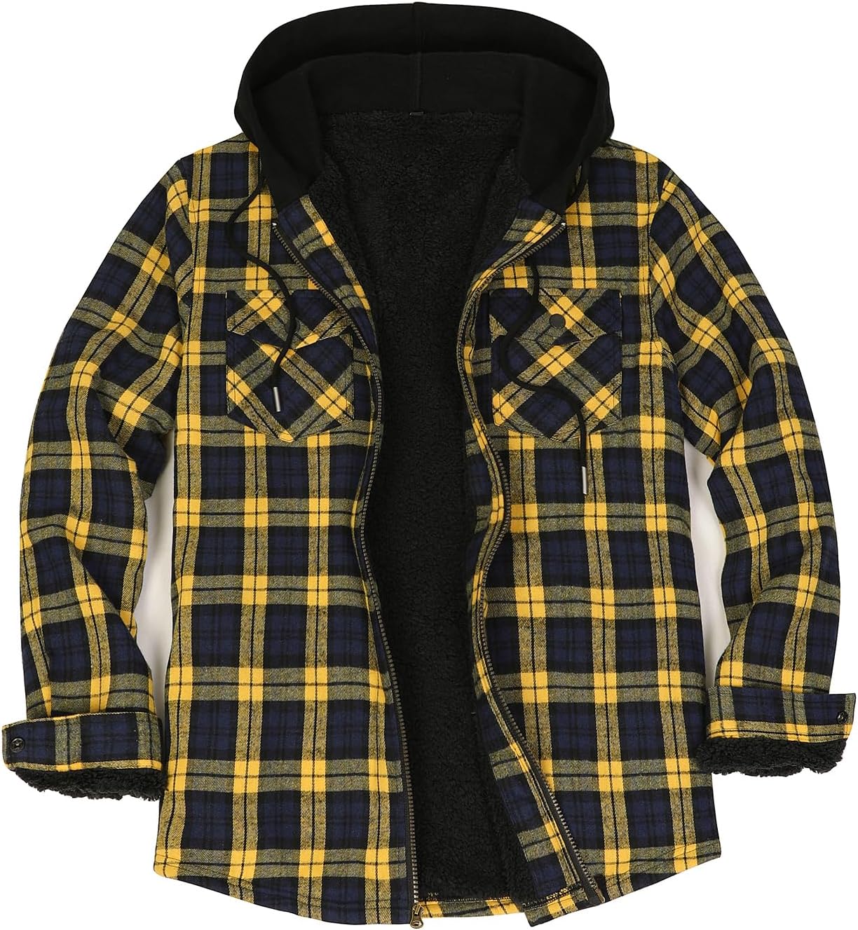 Mens Plaid Sherpa Lined Shirt Jacket Full Zip Hooded Warm Flannel