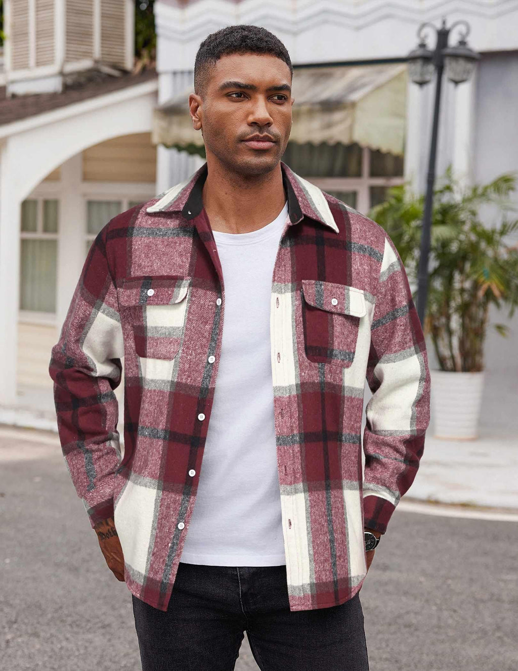 Mens Flannel Plaid Long Sleeve Button Down Shirt Jacket with Pockets