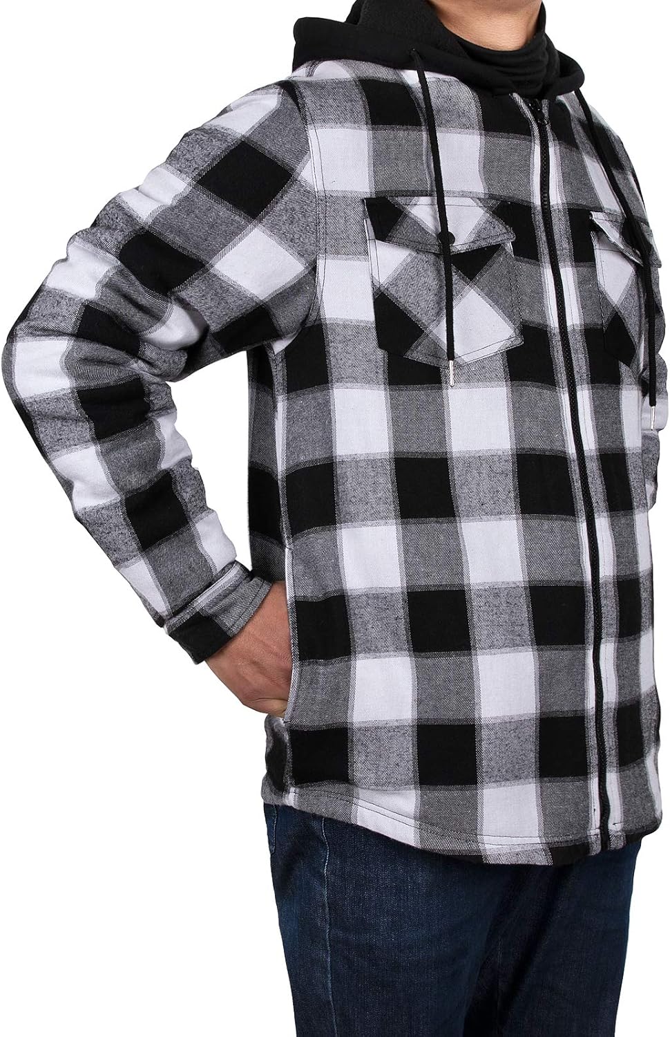 Mens Plaid Sherpa Lined Shirt Jacket Full Zip Hooded Warm Flannel