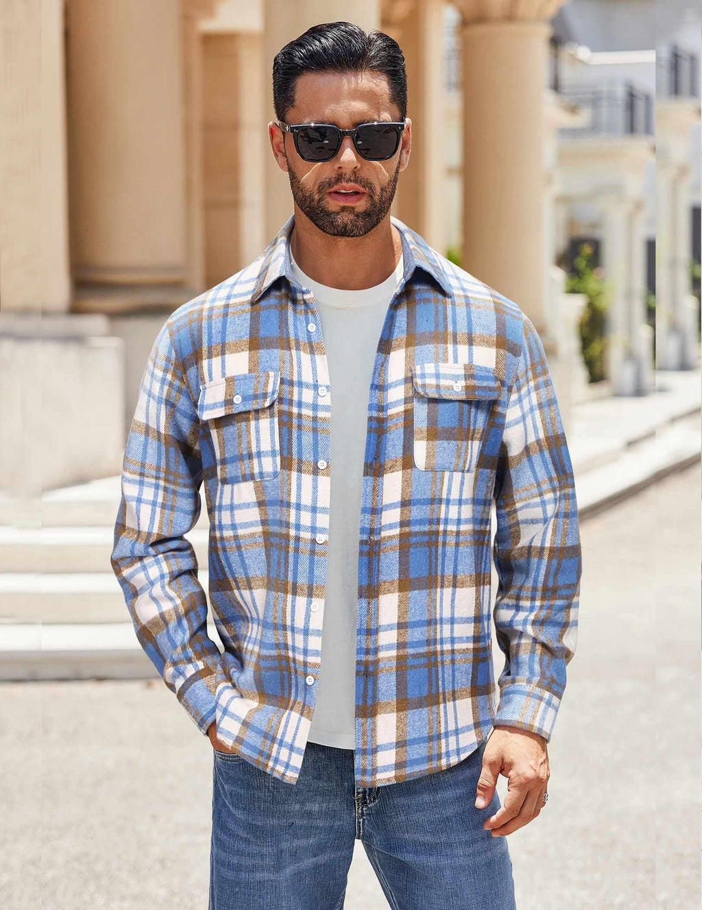 Mens Flannel Plaid Shirt Long Sleeve Button Down Casual Work Shirt Jacket