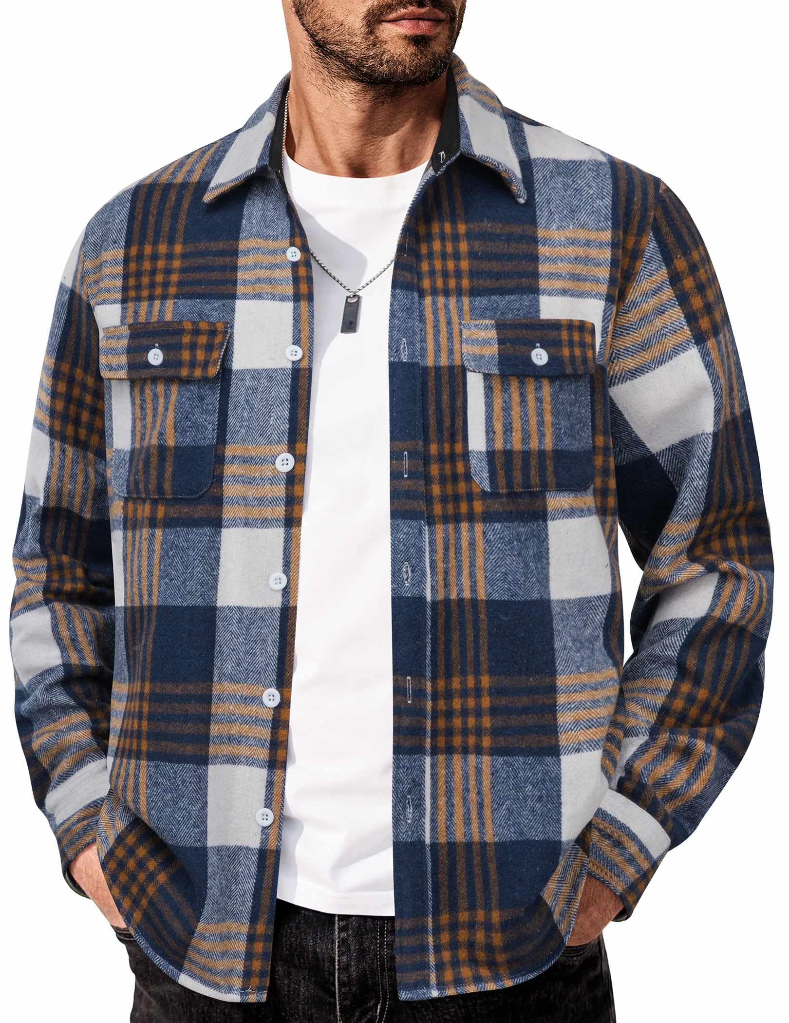 Mens Flannel Plaid Long Sleeve Button Down Shirt Jacket with Pockets