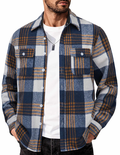 Mens Flannel Plaid Long Sleeve Button Down Shirt Jacket with Pockets