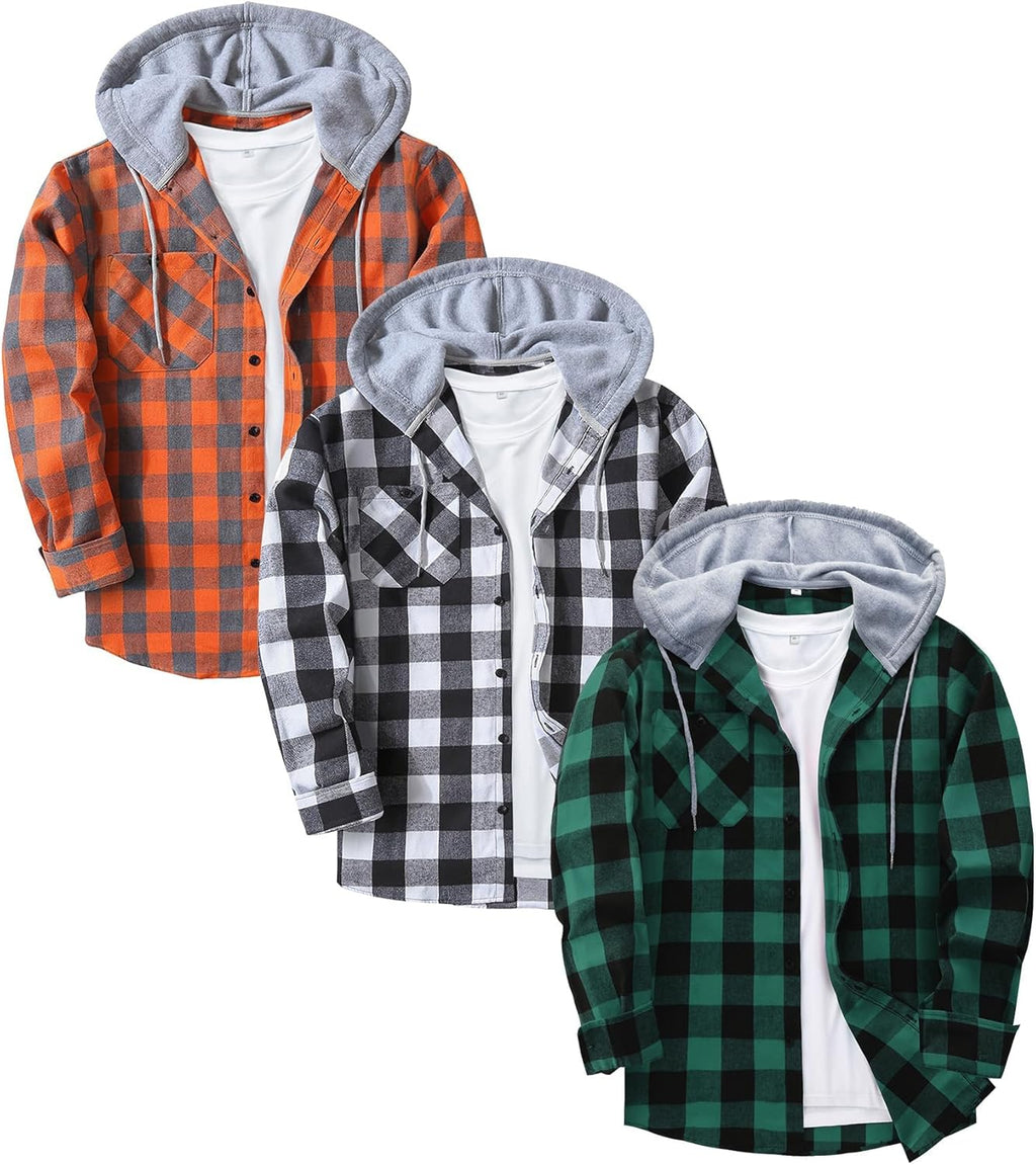 3 Pack Mens Flannel Hoodie Shirts Long Sleeve Plaid Button Down Hooded Shirts Casual Brushed Jacket with Pocket