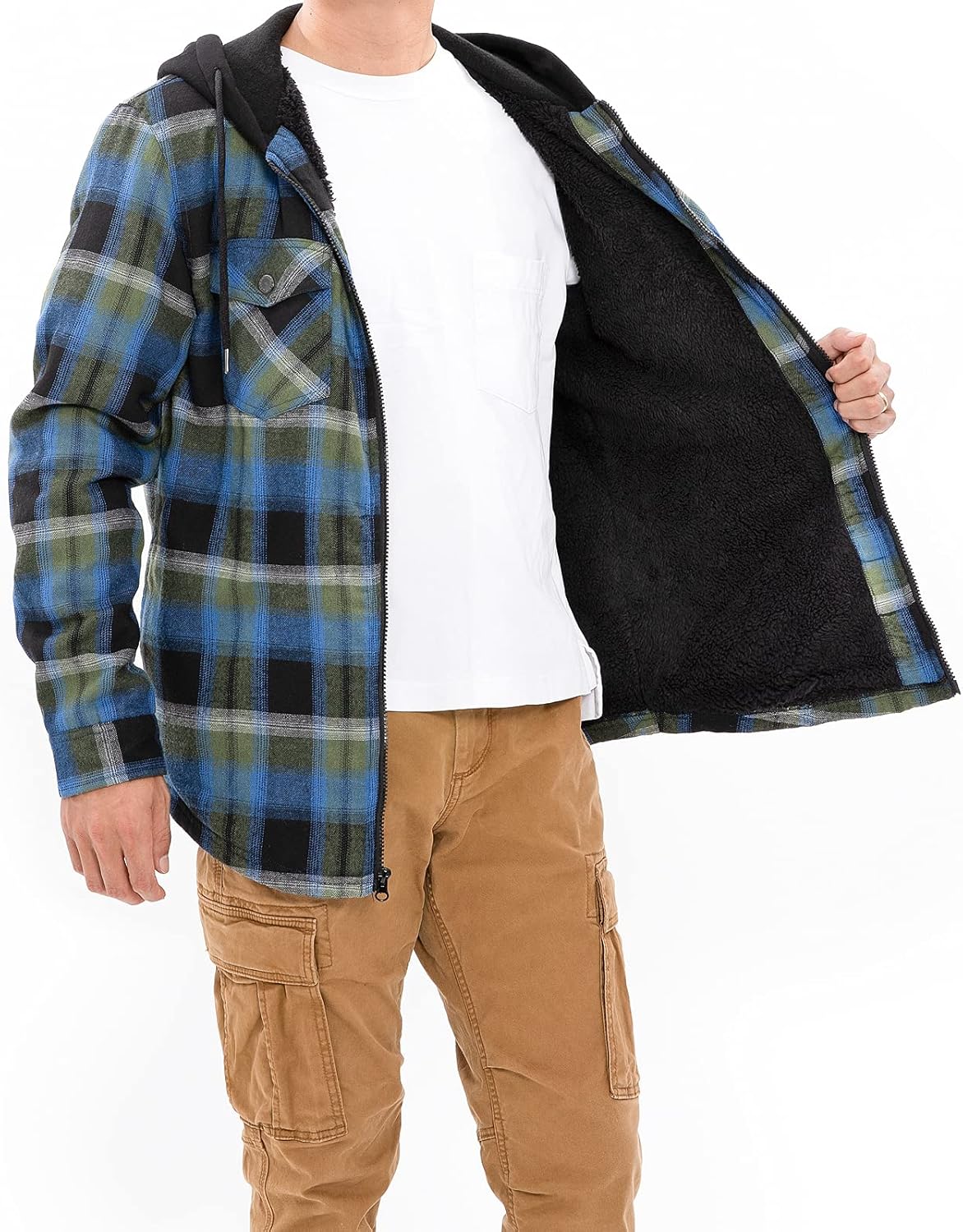 Mens Plaid Sherpa Lined Shirt Jacket Full Zip Hooded Warm Flannel