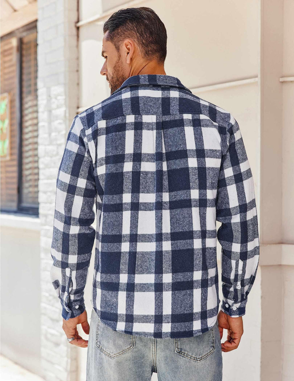 Mens Plaid Flannel Long Sleeve Shirt Jacket Casual Button Down Brushed Fabric Shacket with Pockets