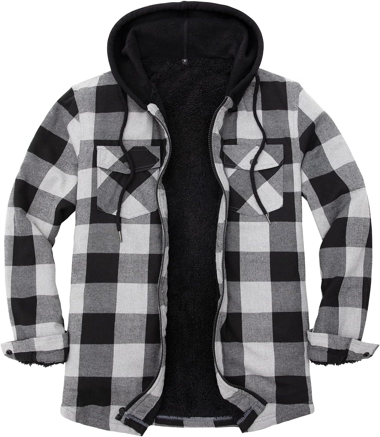 Mens Plaid Sherpa Lined Shirt Jacket Full Zip Hooded Warm Flannel