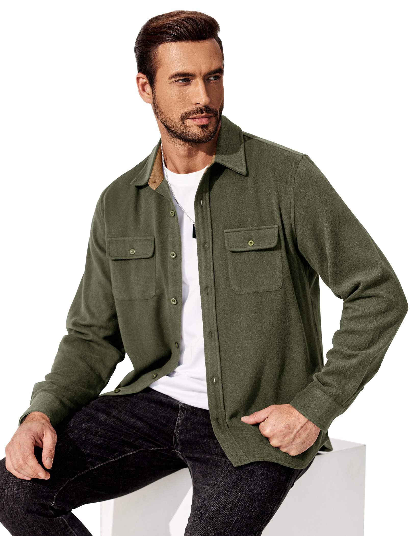 Mens Plaid Cotton Flannel Shirt Long Sleeve Casual Work Shirt Jacket Button Down With Chest Pockets