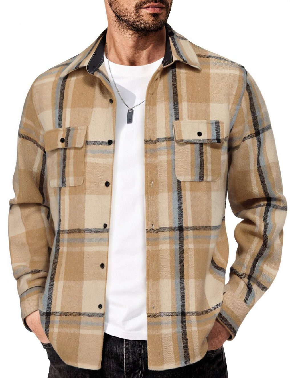 Mens Plaid Cotton Flannel Shirt Jacket Long Sleeve Casual Work Shirt With Chest Pockets