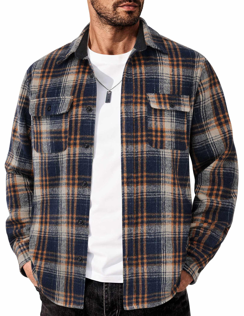 Mens Plaid Cotton Flannel Shirt Jacket Long Sleeve Casual Button Down Work Shirt With Chest Pockets