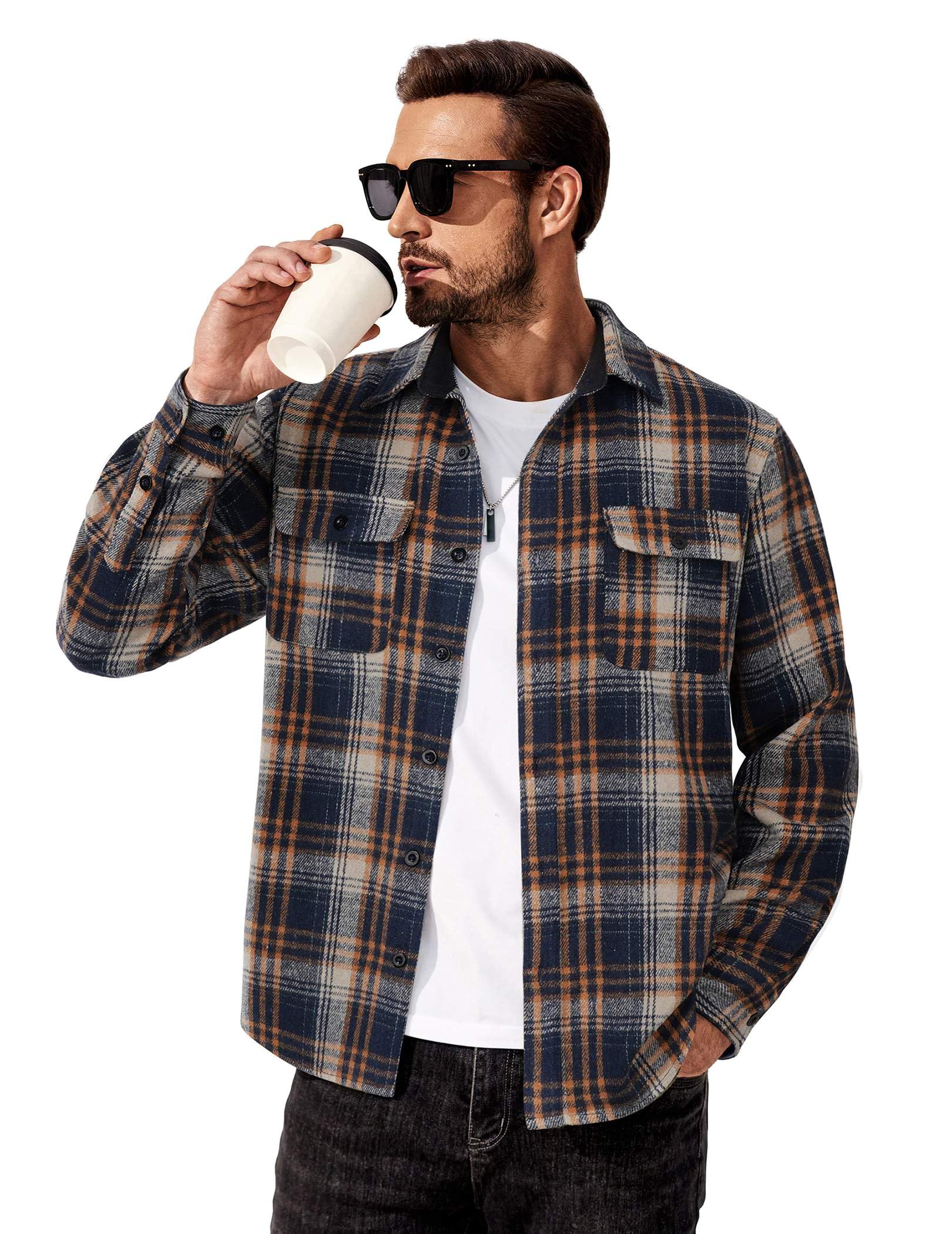 Mens Plaid Cotton Flannel Shirt Jacket Long Sleeve Casual Button Down Work Shirt With Chest Pockets