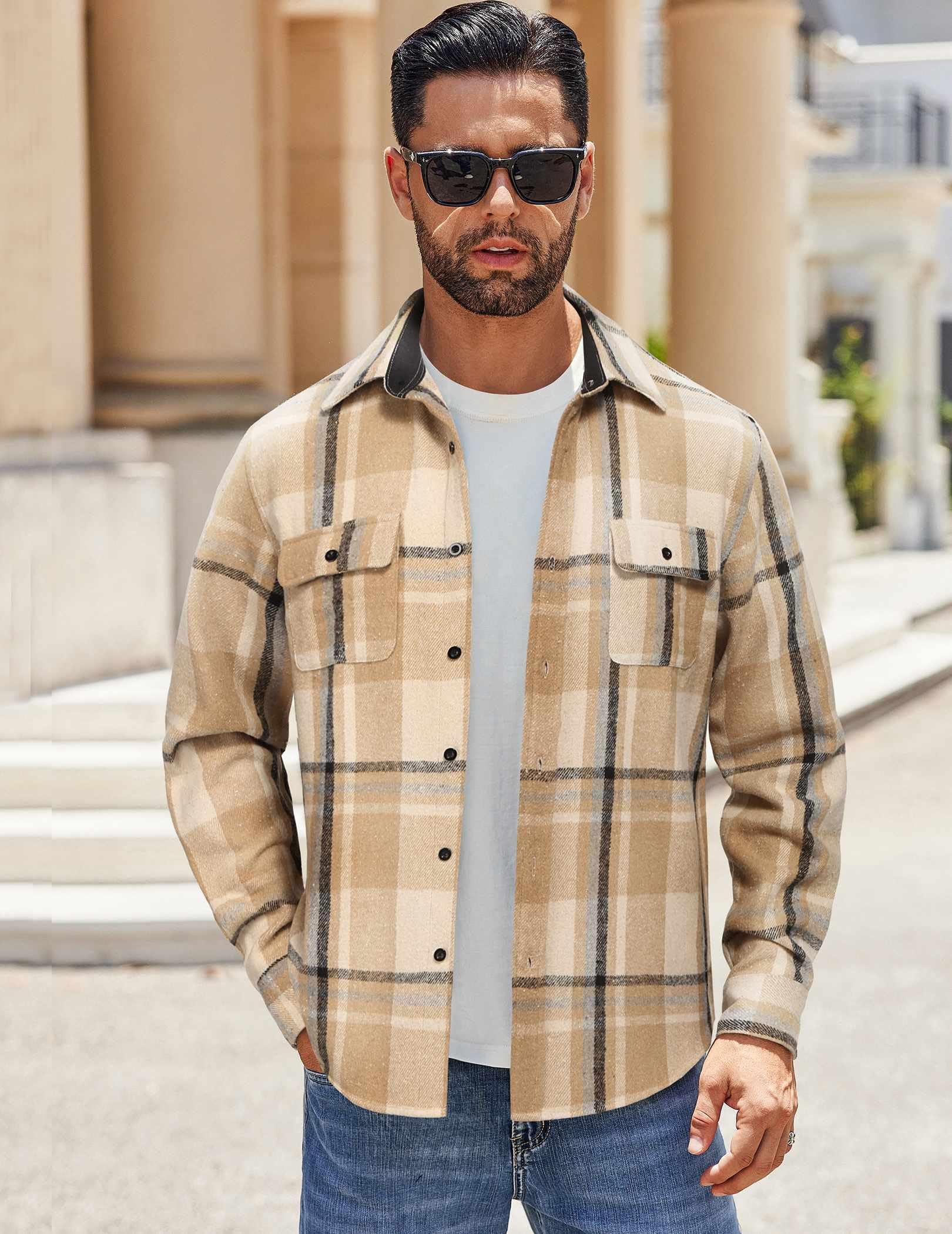 Mens Plaid Cotton Flannel Shirt Jacket Long Sleeve Casual Work Shirt With Chest Pockets