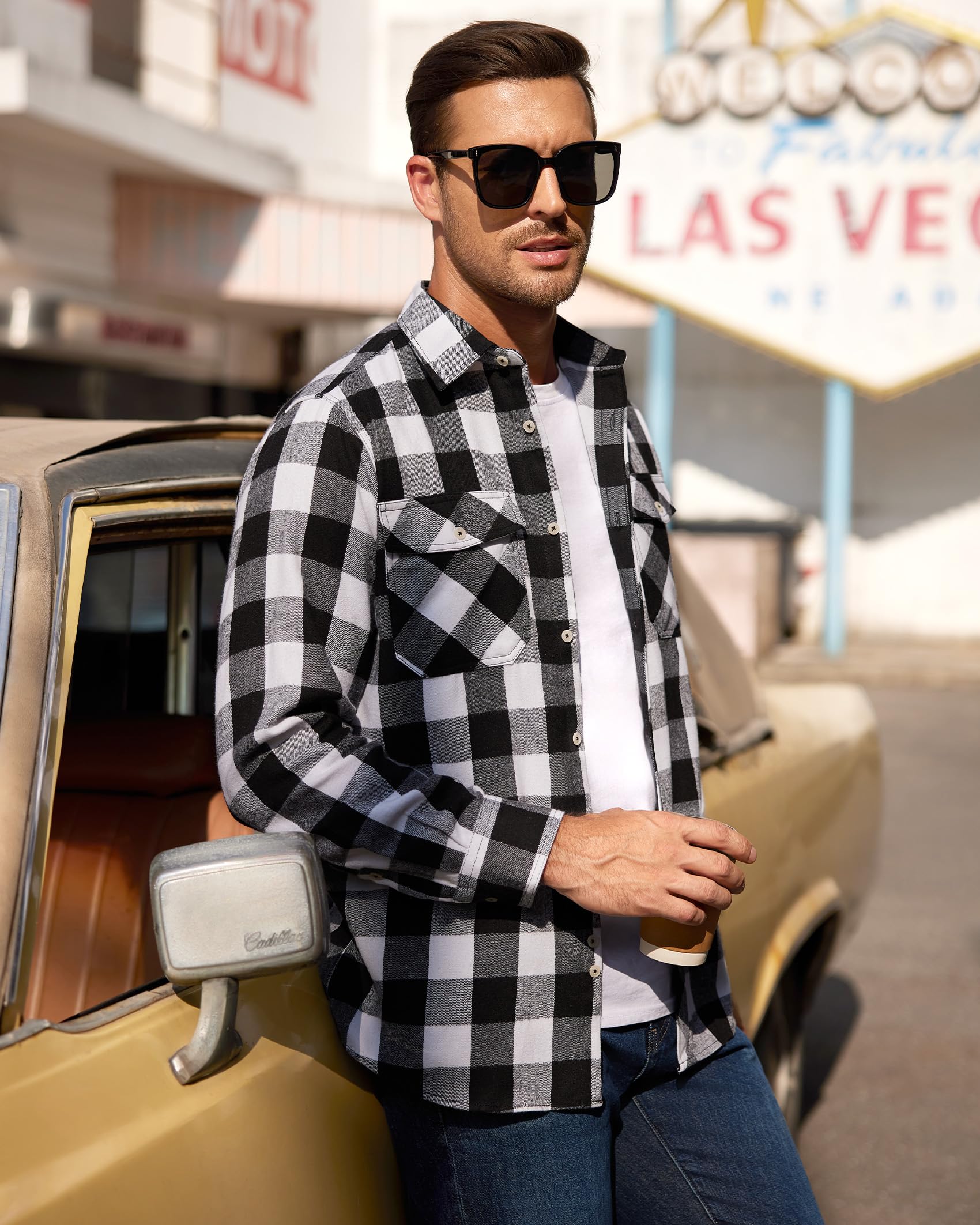 Men’s Cotton Plaid Flannel Shirt Button Down Casual Long Sleeve Workwear Black