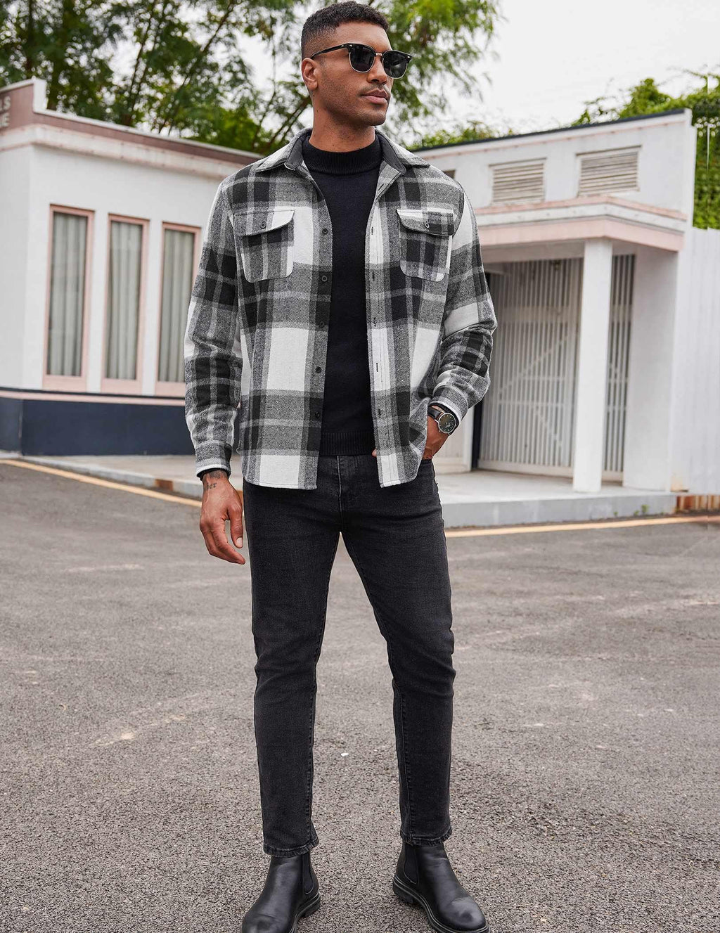 Mens Plaid Cotton Flannel Shirt Long Sleeve Button Down Casual Work Shirt With Chest Pockets