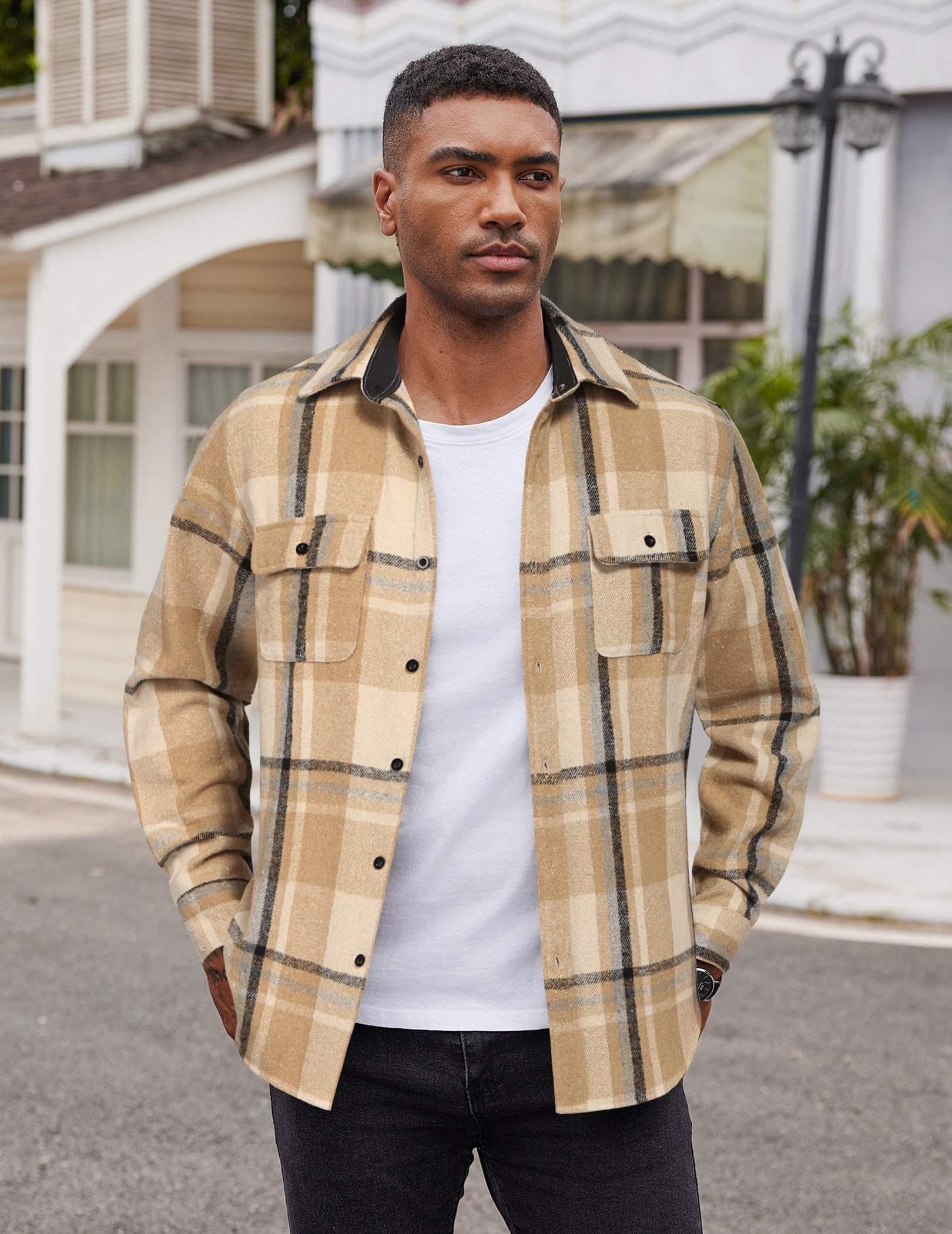 Mens Plaid Cotton Flannel Shirt Jacket Long Sleeve Casual Work Shirt With Chest Pockets