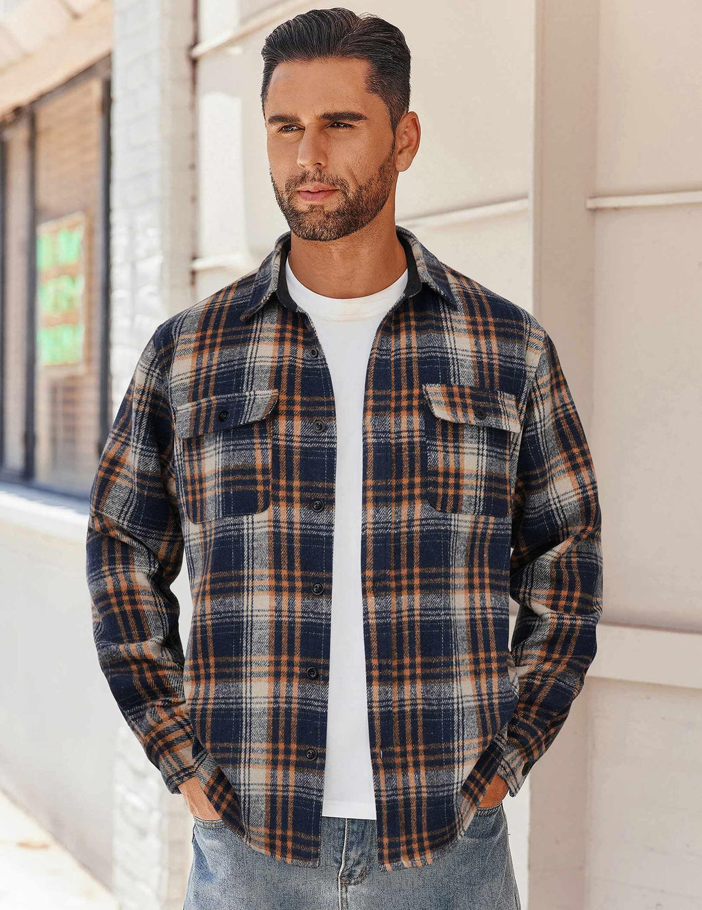 Mens Plaid Cotton Flannel Shirt Jacket Long Sleeve Casual Button Down Work Shirt With Chest Pockets