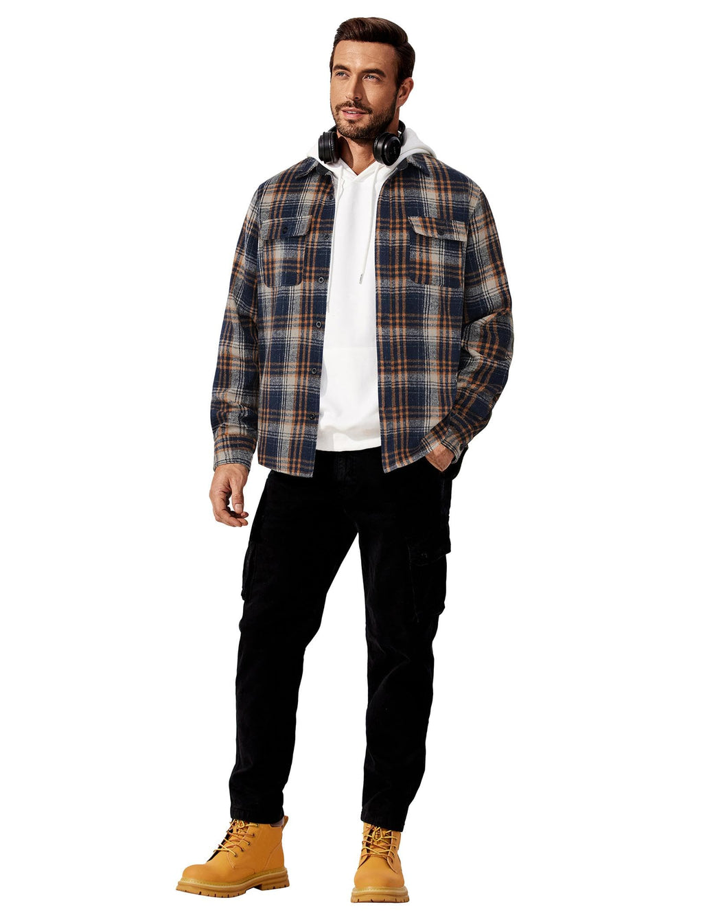 Mens Plaid Cotton Flannel Shirt Jacket Long Sleeve Casual Button Down Work Shirt With Chest Pockets