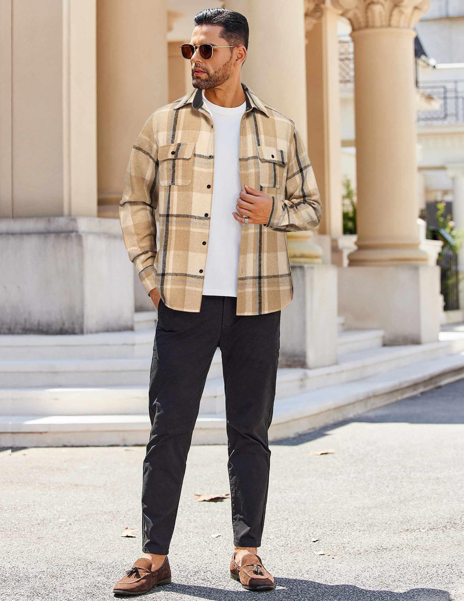 Mens Plaid Cotton Flannel Shirt Jacket Long Sleeve Casual Work Shirt With Chest Pockets