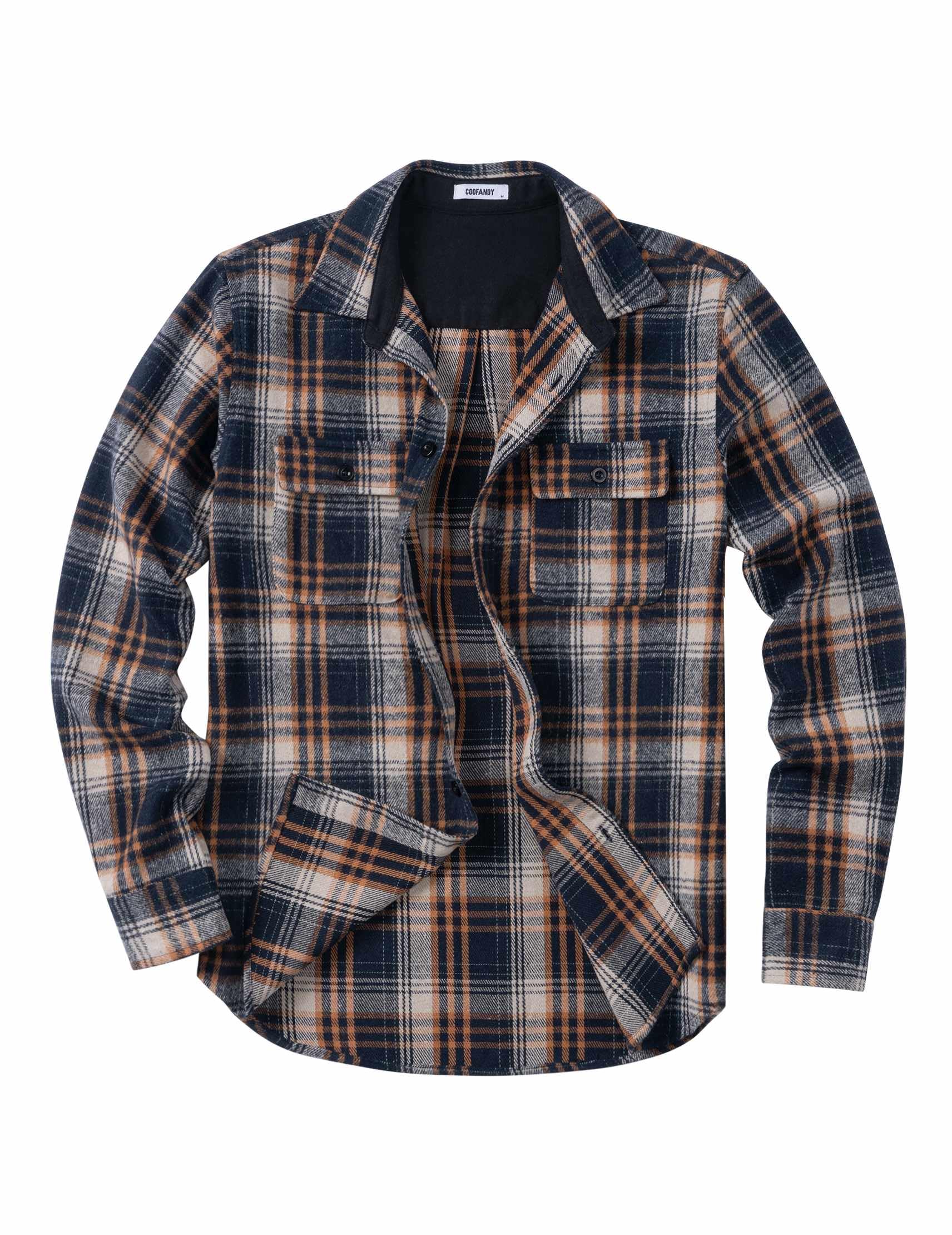Mens Plaid Cotton Flannel Shirt Jacket Long Sleeve Casual Button Down Work Shirt With Chest Pockets
