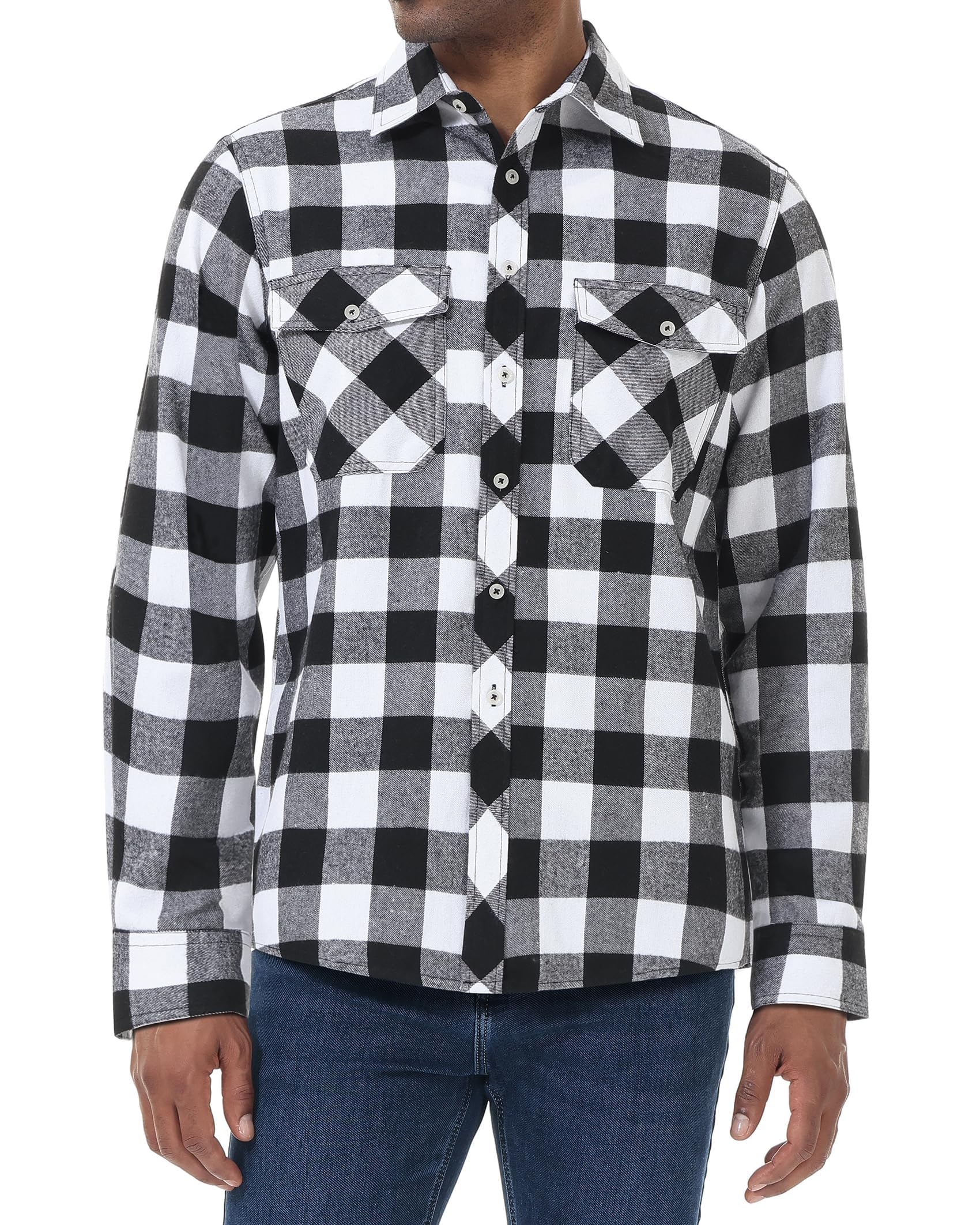Men’s Cotton Plaid Flannel Shirt Button Down Casual Long Sleeve Workwear Black