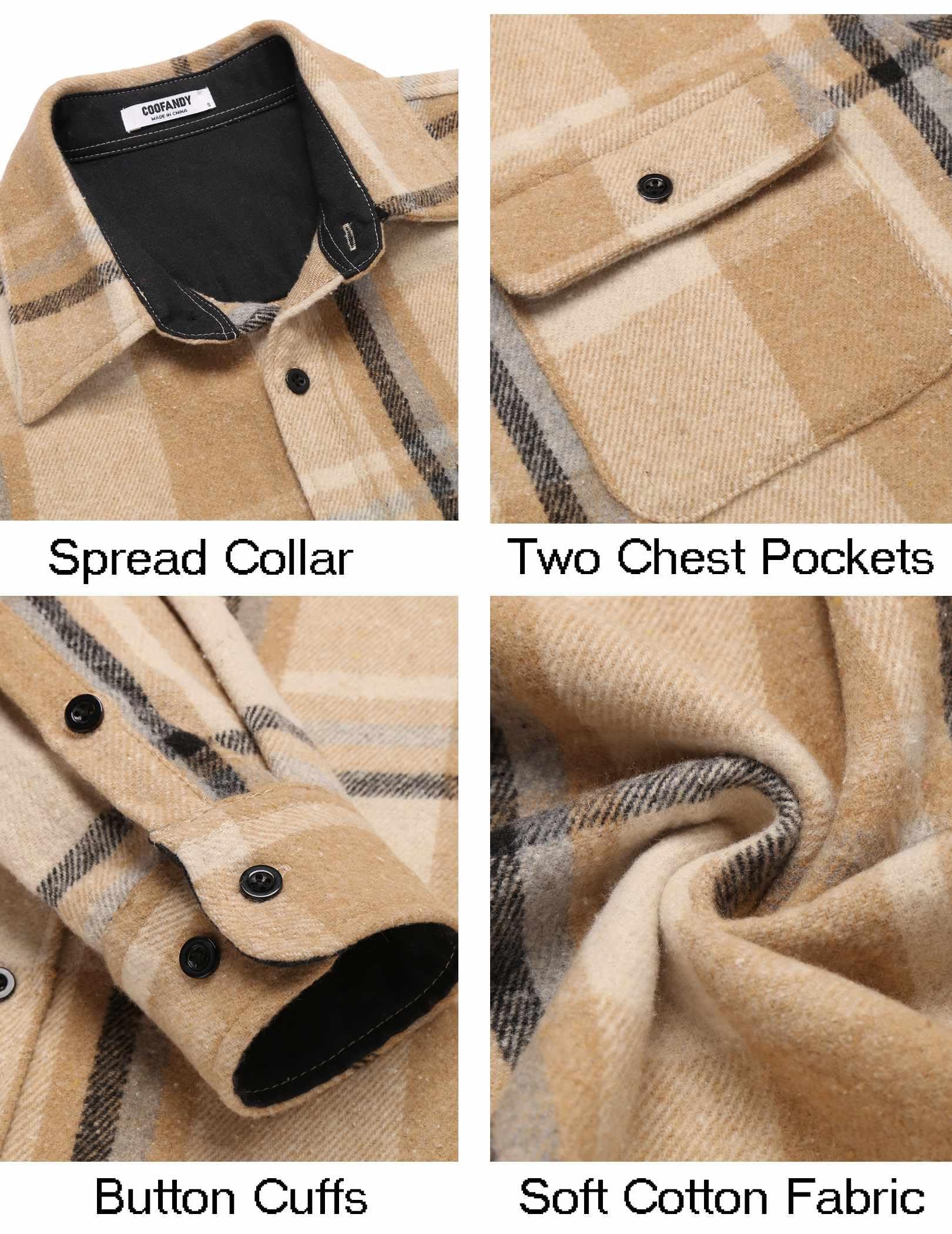 Mens Plaid Cotton Flannel Shirt Jacket Long Sleeve Casual Work Shirt With Chest Pockets