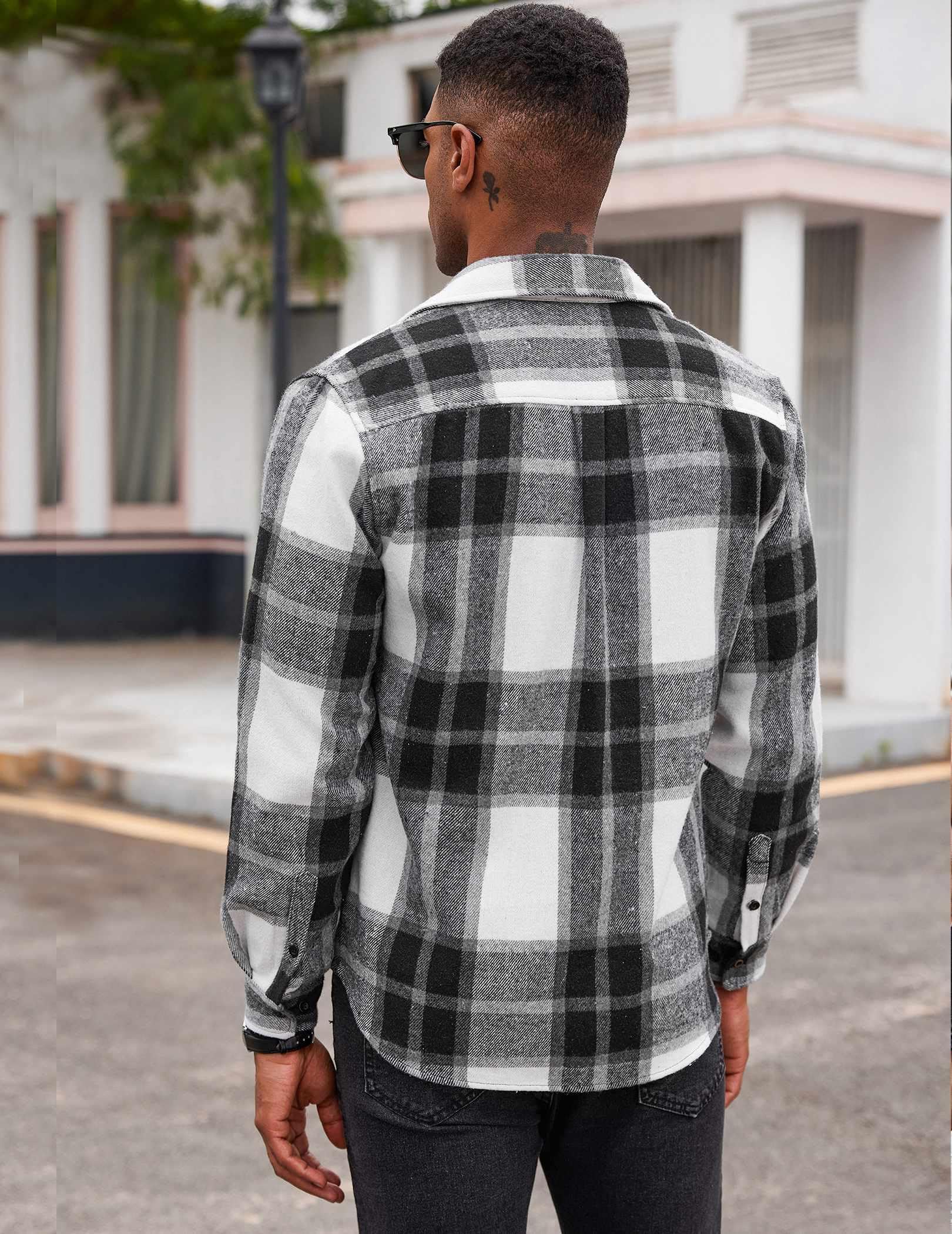 Mens Plaid Cotton Flannel Shirt Long Sleeve Button Down Casual Work Shirt With Chest Pockets